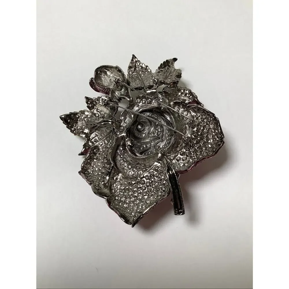 Vintage Pink Rose Flower Green Leaf Rhinestone Crystal Statement Brooch F15-22